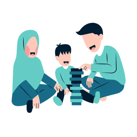 Muslim Parents Playing With Kid Illustration