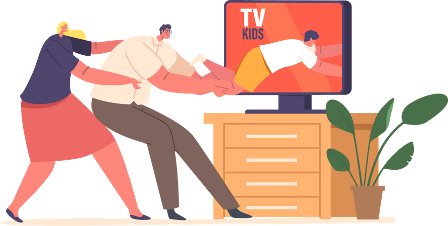 Parents Pulling Kid On Rope From Tv Screen To Shield From Harmful Content  일러스트레이션