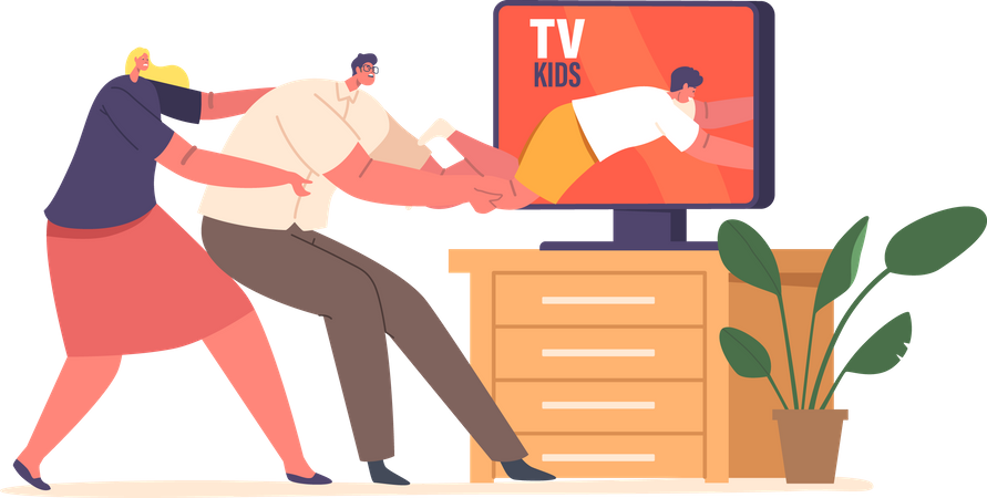 Parents Pulling Kid On Rope From Tv Screen To Shield From Harmful Content  Illustration