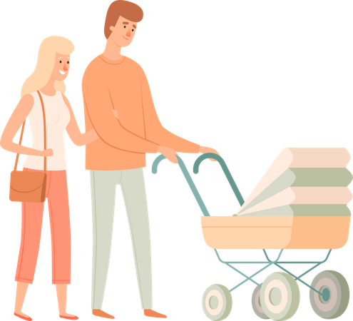 Parents pushing baby stroller  Illustration