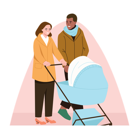 Parents pushing baby stroller  Illustration
