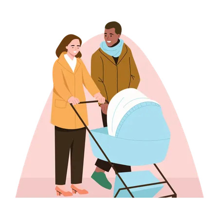 Parents pushing baby stroller  Illustration