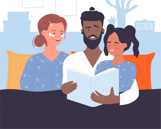 Parents reading bedtime story daughter  イラスト