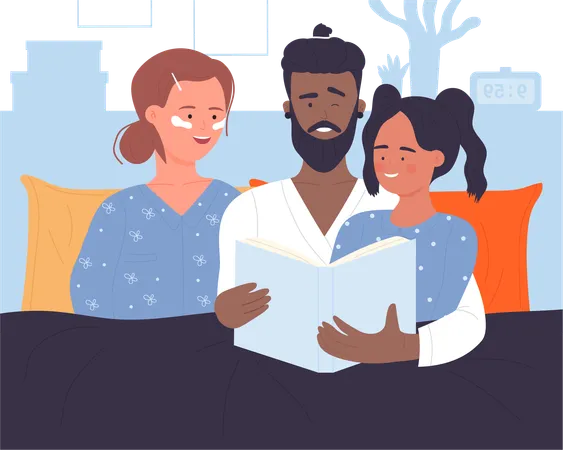 Parents reading bedtime story daughter  Illustration