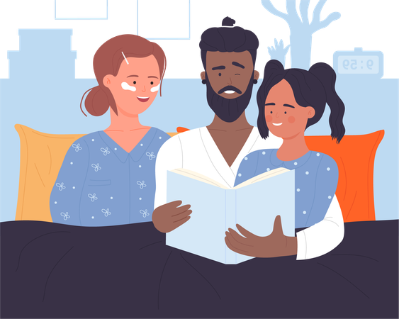 Parents reading bedtime story daughter  Illustration