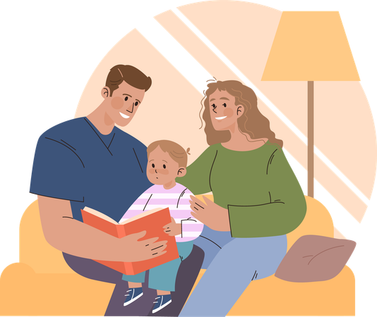 Parents reading bedtime story to kid  Illustration