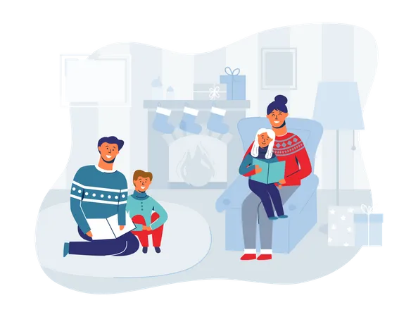 Parents Reading Books with Children on Christmas Eve at Home Illustration