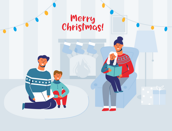 Parents Reading Books with Children on Christmas Eve at Home  Illustration