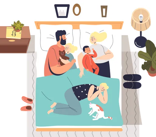 Parents sleeping with kids on bed Illustration