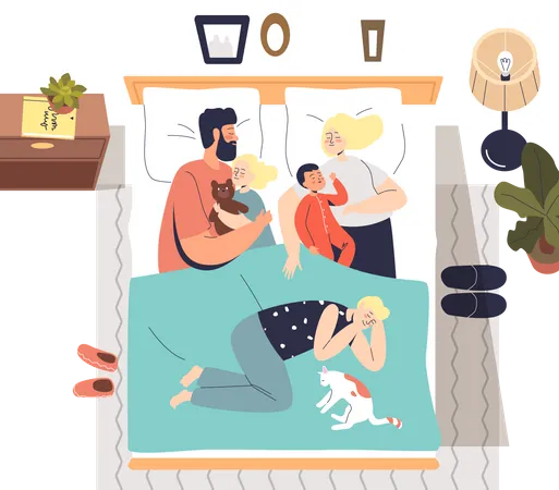 Parents sleeping with kids on bed  Illustration