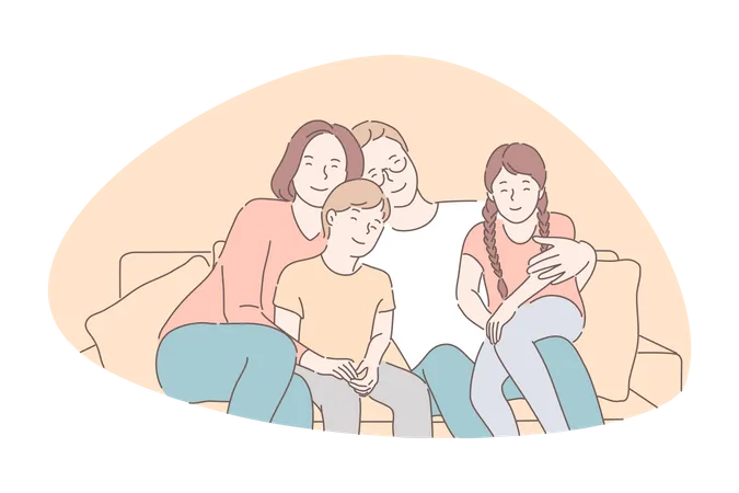 Traditional Values Bonding Family Idyll Concept Parents Spend Time Together With Children Smiling Mother Father Daughter And Son Sitting On Sofa And Hugging Simple Flat Vector Illustration
