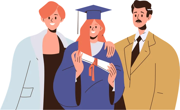 Cheerful Parents Standing Happy And Proud Of Young Daughter Student Holding School Or College Diploma Certificate On Graduation Day Vector Illustration Academic Degree Celebrating Characters Portrait Illustration