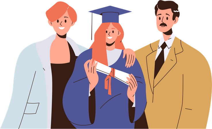 Parents standing and proud of young daughter holding diploma on graduation day  Illustration