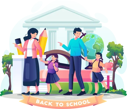 Parents take their children to school  일러스트레이션