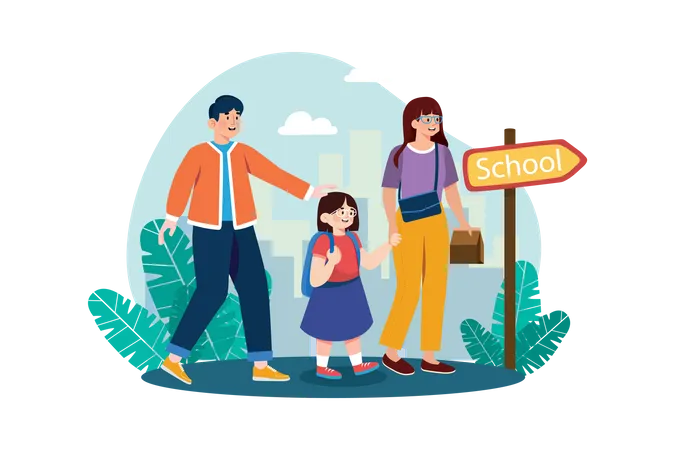 Parents take their children to school  イラスト