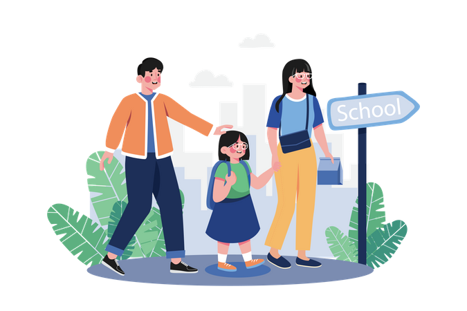 Parents take their children to school  イラスト