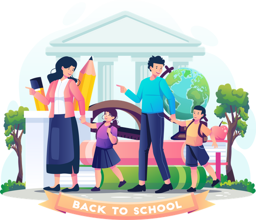 Parents take their children to school  Illustration