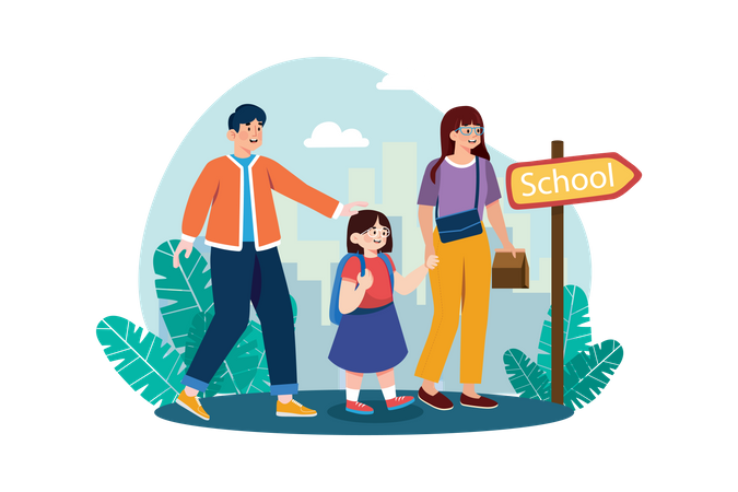 Parents take their children to school  Illustration