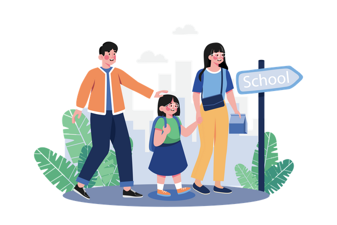 Parents take their children to school  Illustration