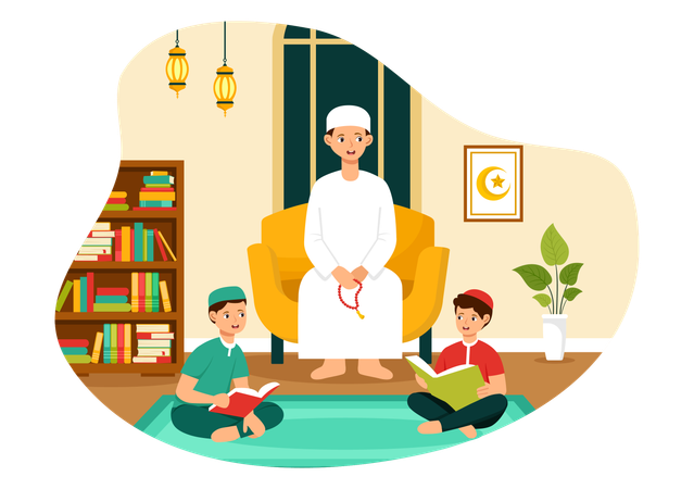 Parents teaching their child to read quran  イラスト