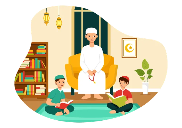 Parents teaching their child to read quran  Illustration