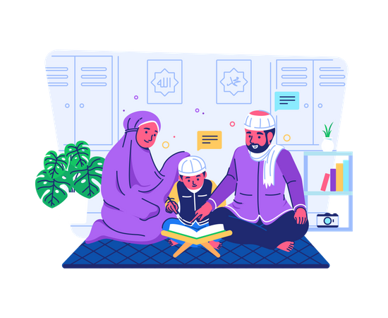 Parents teaching their child to read quran  Illustration