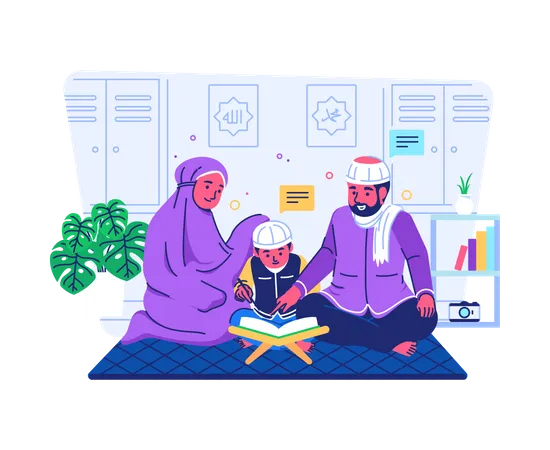 Parents teaching their child to read quran  Illustration