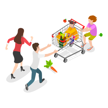Parents tired from Hyperactive Children in shopping mall during grocery shopping  Illustration