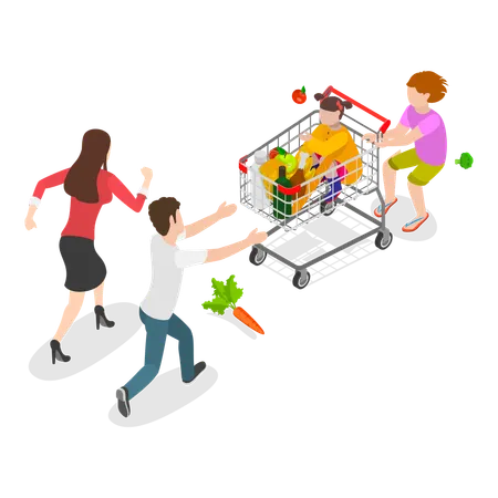 Parents tired from Hyperactive Children in shopping mall during grocery shopping  Illustration