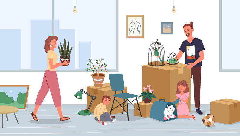 Parents unpacking stuff in new home  Illustration