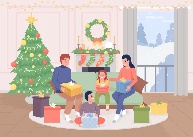 Parents Unwrapping Presents With Kids Flat Color Vector Illustration Wintertime Holiday Tradition Decorated Home Fully Editable 2 D Simple Cartoon Characters With Christmas Tree On Background Illustration