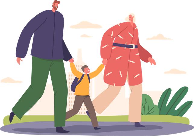 Parents Walk Alongside Their School-aged Son  Illustration