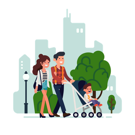 Parents walking along street carrying stroller with their child  Illustration