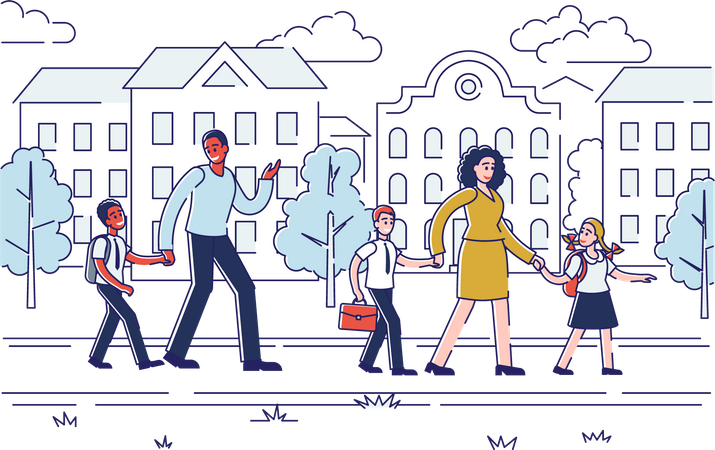 Parents walking kids to school  Illustration