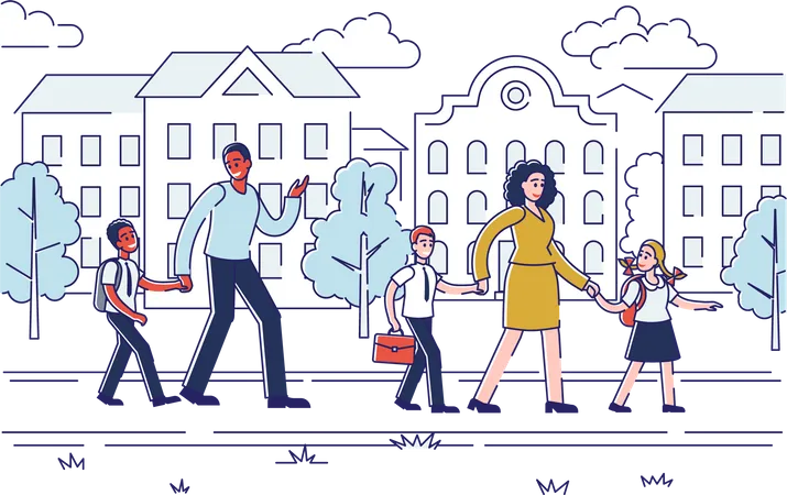 Parents walking kids to school  Illustration