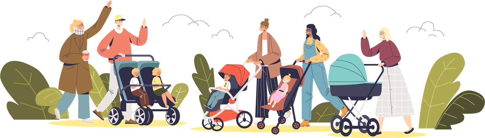 Parents walking with newborn in the park  Illustration