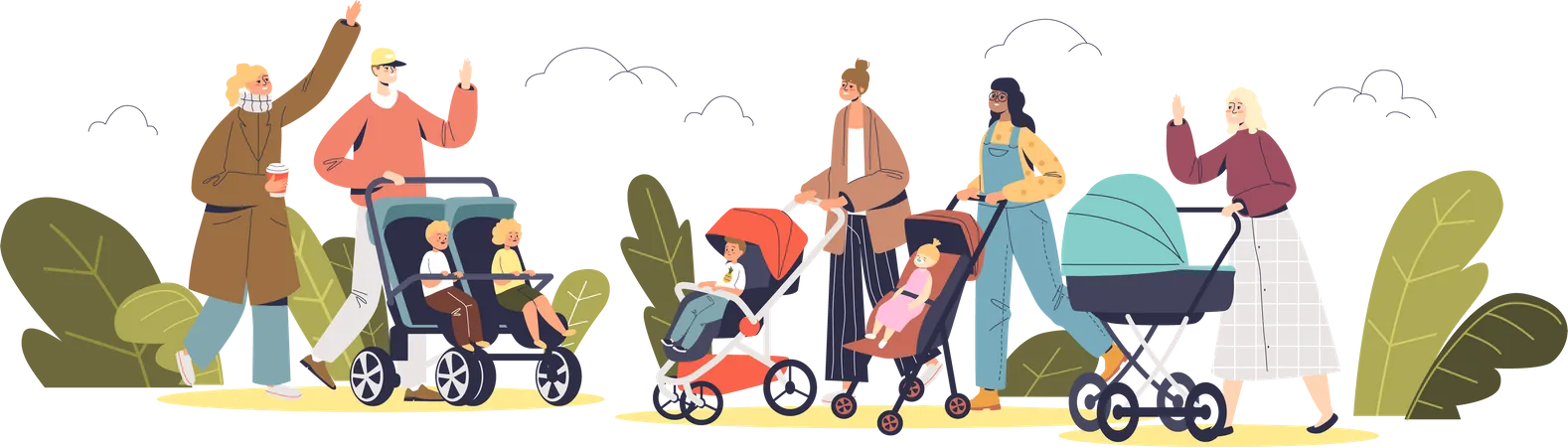 Parents walking with newborn in the park  Illustration