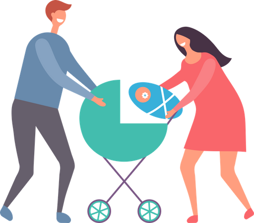 Parents walking with stroller  Illustration