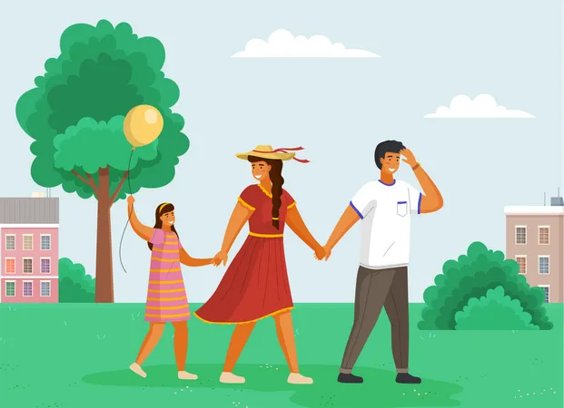 Parents with a child walking on the street  Illustration