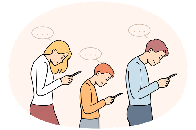 Parents with child addicted to smartphones  Illustration