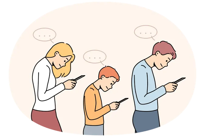 Parents with child addicted to smartphones  Illustration