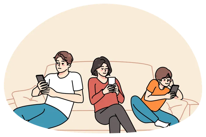Parents with child sit on sofa using cellphones  Illustration