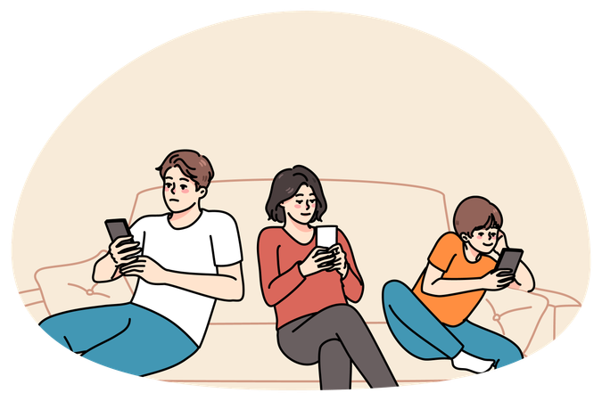 Parents with child sit on sofa using cellphones  Illustration