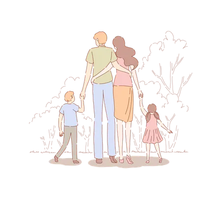 Parents With Children Holding Hands Couple With Kids Stand Together Back View Mother Father Son Daughter Parenting Banner Family On Walk In Park Concept Cartoon Sketch Flat Vector Illustration Illustration