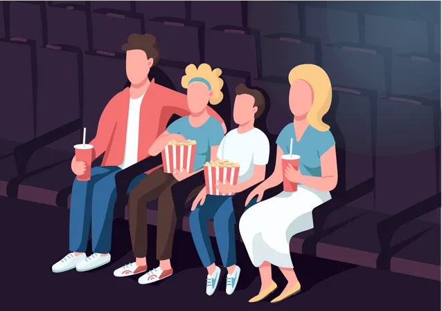 Family In Cinema Flat Color Vector Illustration Parents With Children Watching Movie Premier Entertainment For Teenage Kids Relatives 2 D Cartoon Characters With Interior On Background Illustration