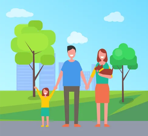 Family Parents With Kid Spending Time In Park Father With Daughter And Mother Holding Puppy Wearing Collar Person Smiling Happy To Be In City Vector Illustration