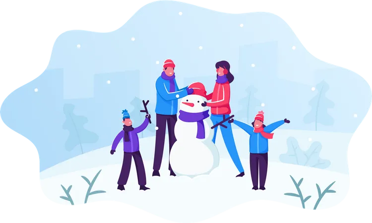 Happy Family Of Parents With Kids Making Funny Snowman On Snowy Landscape Background Winter Time Outdoor Activity People Playing On Christmas Holidays Vacation Cartoon Flat Vector Illustration Illustration