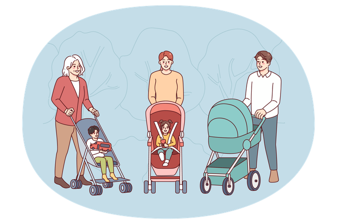 Parents with kids walking in park  Illustration