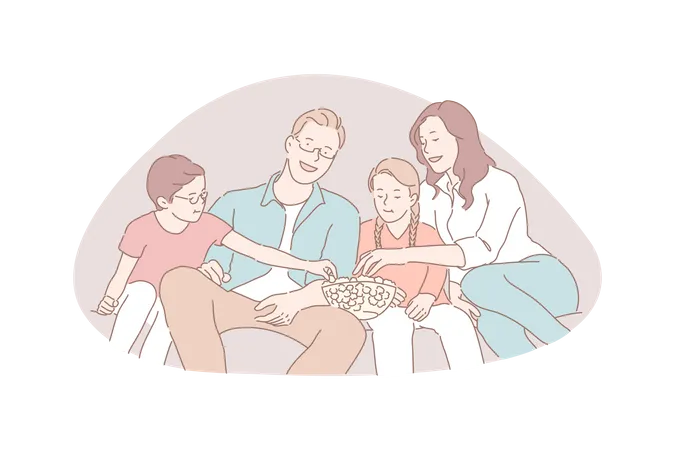 Family Recreation Movie Night Traditional Values Concept Couple With Little Children Watching TV And Eating Popcorn Happy Parents And Kids Spend Time Together Simple Flat Vector Illustration