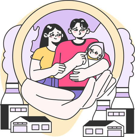Parents with new baby in pollution environment  Illustration